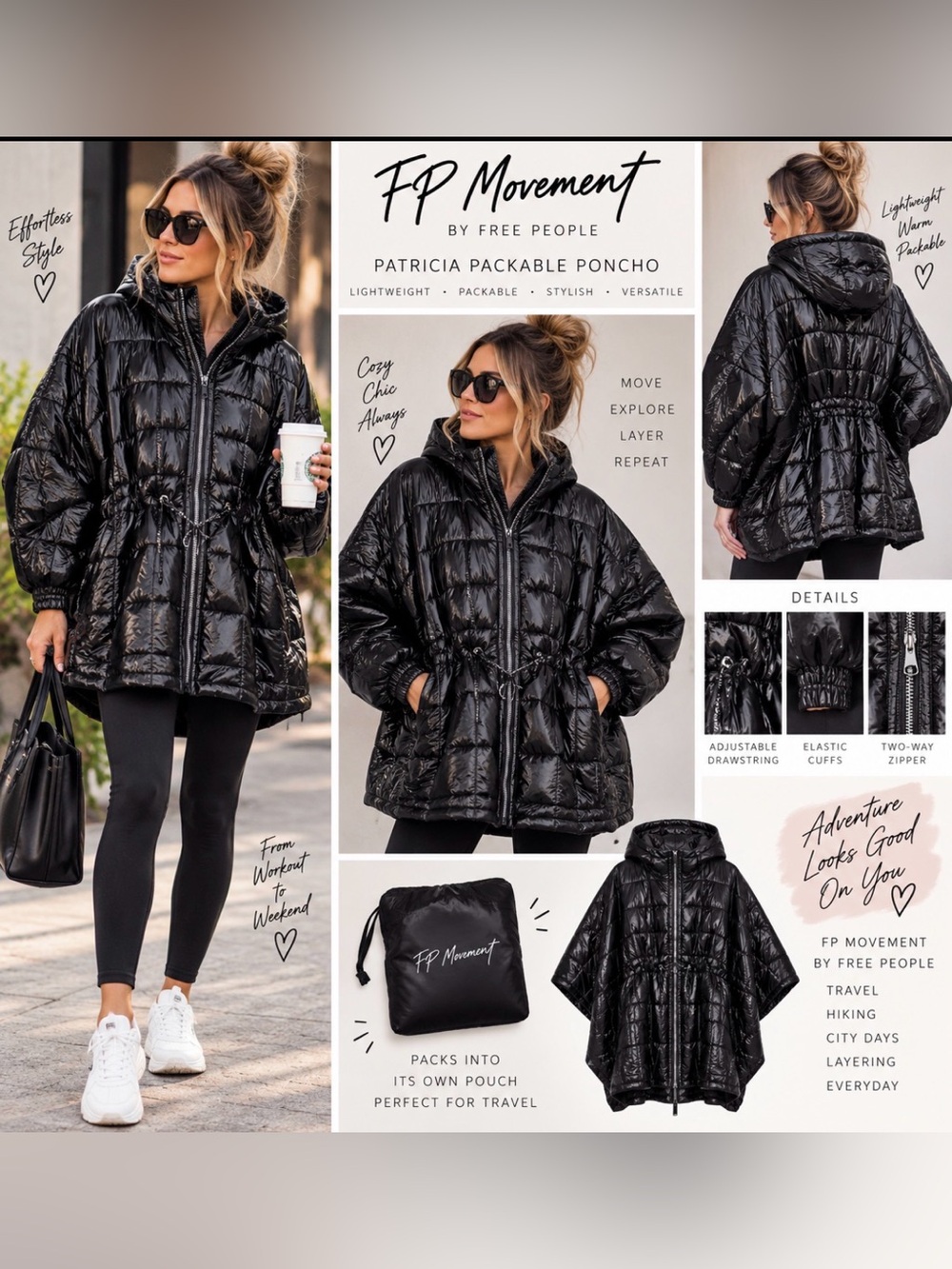 FP Movement By Free People Patricia Packable Poncho Began Puffer Women L NEW